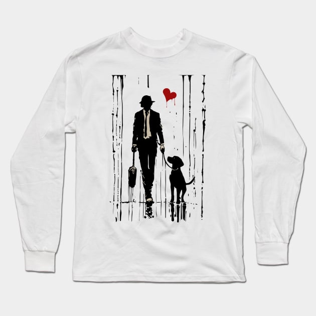 Ink Sketch Bond: Man, Dog, and a Rainy Heart Long Sleeve T-Shirt by SunGraphicsLab